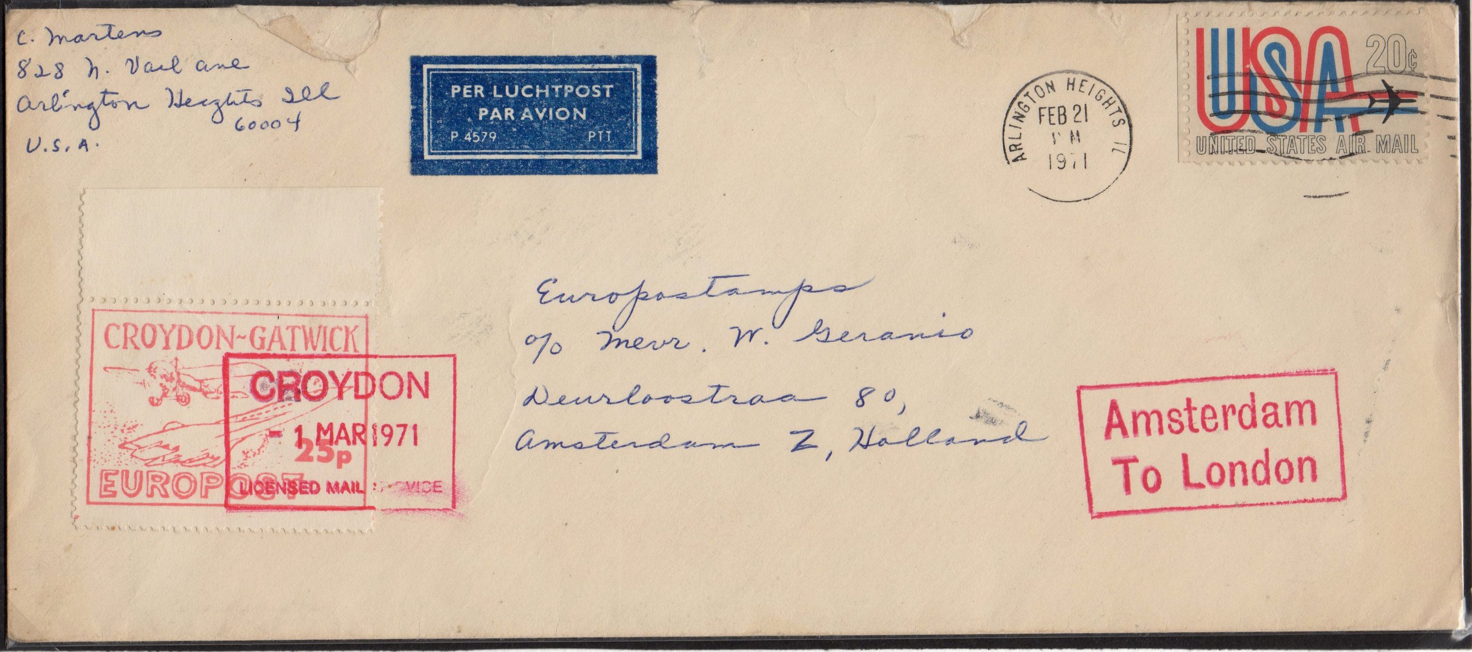 1971 Croydon Gatwick Strike Post 25p commercial airmail cover from Arlington Heights USA to the UK